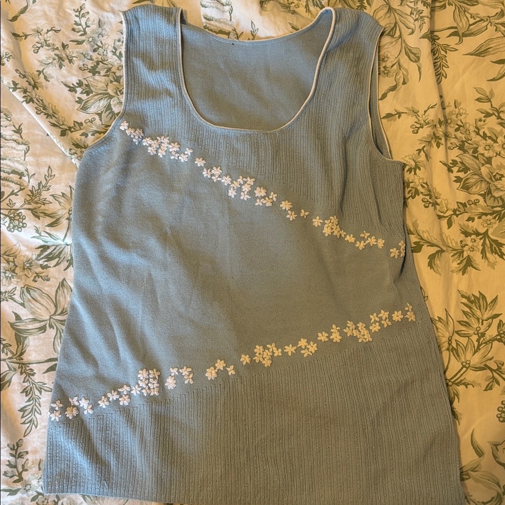 Blue Sleeveless Sweater Vest with Floral Design